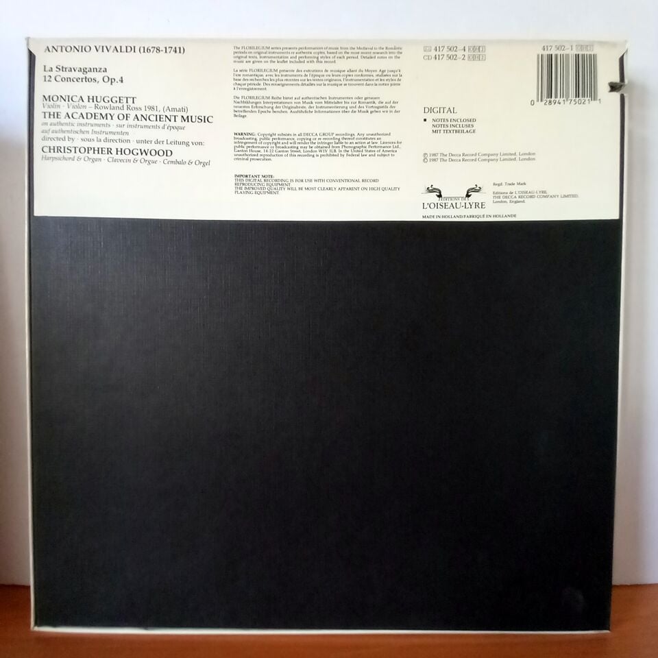 VIVALDI: LA STRAVAGANZA - 12 CONCERTOS, OP. 4 / MONICA HUGGETT / THE ACADEMY OF ANCIENT MUSIC / CHRISTOPHER HOGWOOD (1987) - 2LP BOX SET 2.EL PLAK