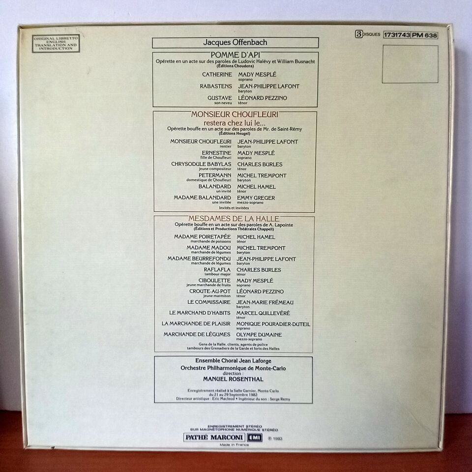 VIVE OFFENBACH! / MADY MESPLE, JEAN-PHILIPPE LAFONT, CHARLES BURLES, MICHEL TREMPONT, LEONARD PEZZINO, MICHEL HAMEL, ENSEMBLE CHORAL JEAN LAFORGE, ORCHESTRE PHILHARMONIQUE DE MONTE-CARLO, MANUEL ROSENTHAL (1983) - 3LP BOX SET 2.EL PLAK