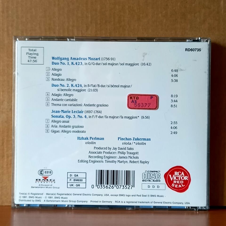 ITZHAK PERLMAN, PINCHAS ZUKERMAN / MOZART: DUOS FOR VIOLIN & VIOLA / LECLAIR: SONATA FOR 2 VIOLINS (1991) - CD 2.EL