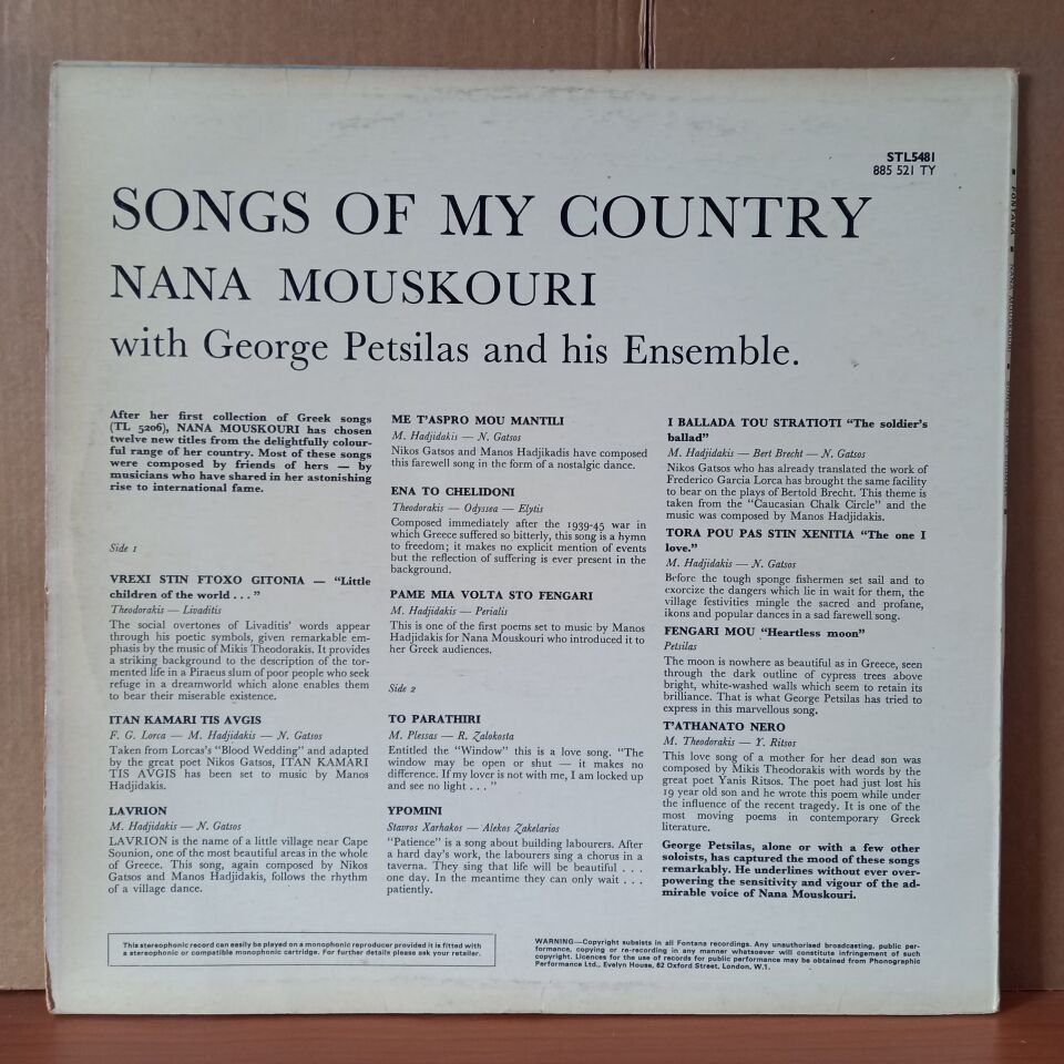 NANA MOUSKOURI – SONGS OF MY COUNTRY (1967) - LP 2.EL PLAK