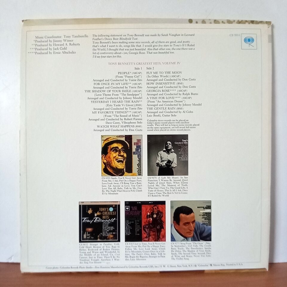 TONY BENNETT – TONY BENNETT'S GREATEST HITS VOLUME IV (1969) - LP 2.EL PLAK