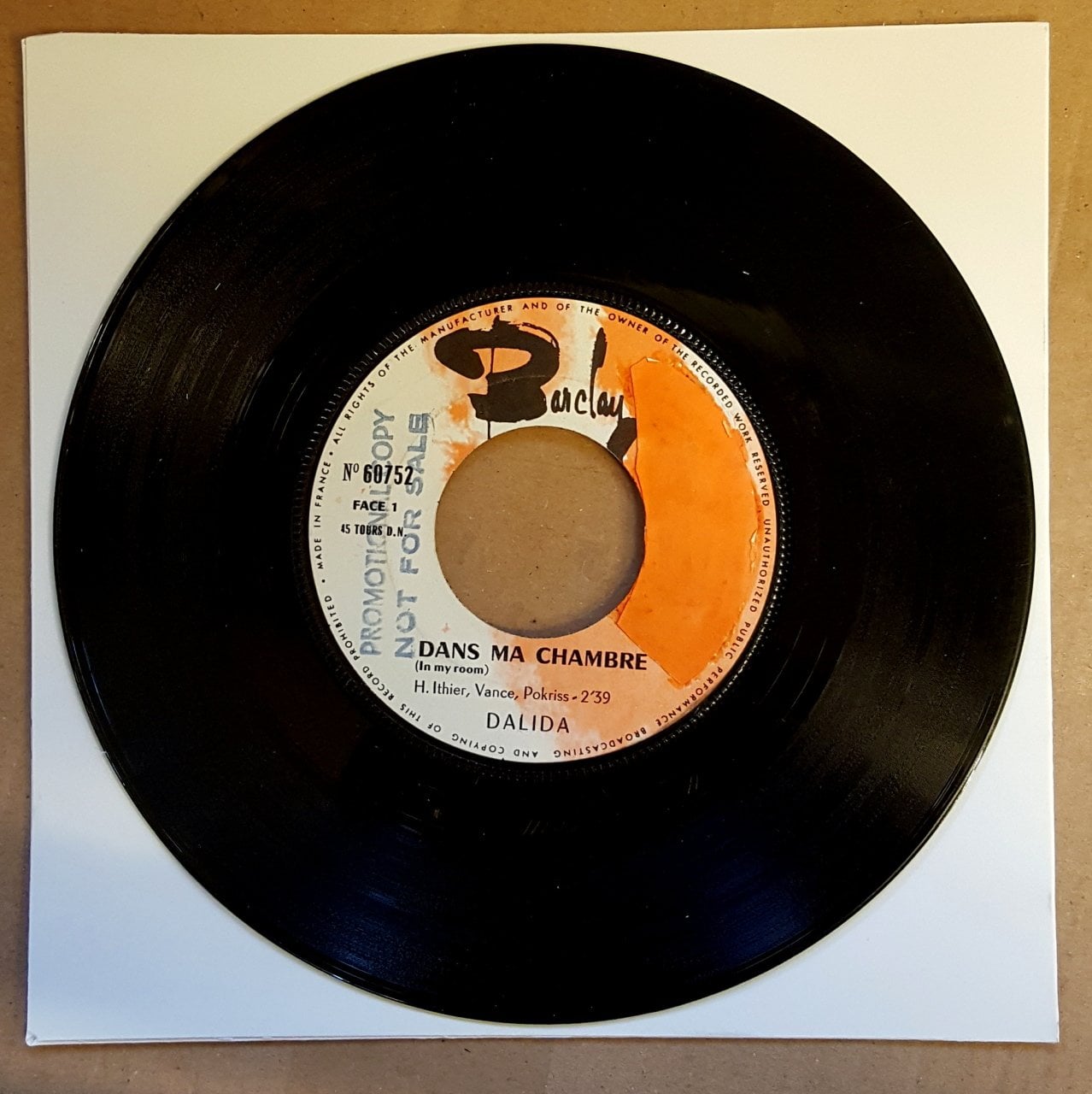DALIDA - DANS MA CHAMBRE / JE PREFERE NATURELLEMENT (1966) - 7'' 45 DEVİR PROMO SINGLE PLAK