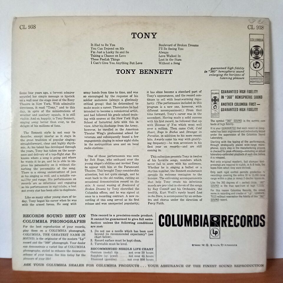TONY BENNETT – TONY (1957) - LP 2.EL PLAK