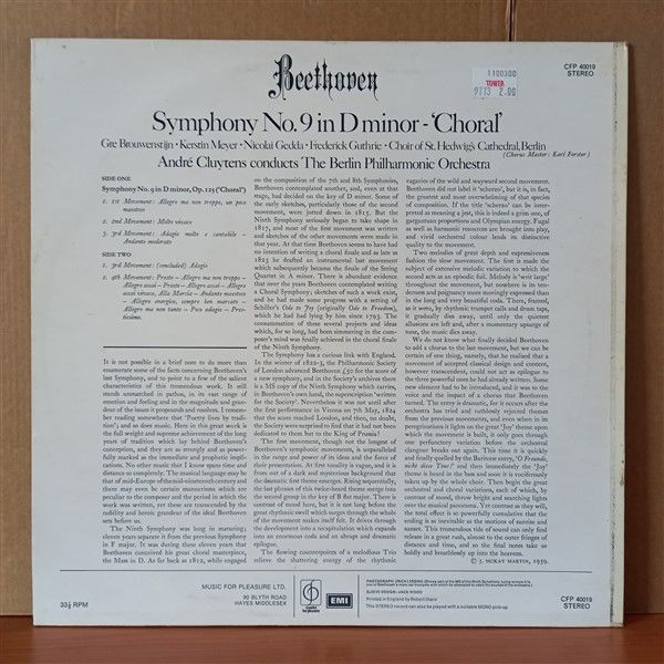 BEETHOVEN: SYMPHONY NO. 9 IN D MINOR - ''CHORAL'' / GRE BROUWENSTIJN, KERSTIN MEYER, NICOLAI GEDDA, FREDERICK GUTHRIE, CHOIR OF ST. HEDWIG'S CATHEDRAL, BERLIN, ANDRÉ CLUYTENS CONDUCTS THE BERLIN PHILHARMONIC ORCHESTRA (1973) - LP 2.EL PLAK