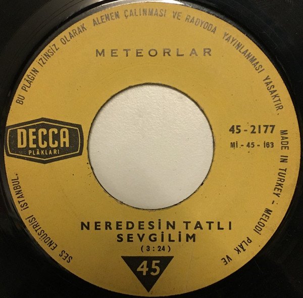 METEORLAR - NERDESİN TATLI SEVGİLİM / I KNOW YOU) - 7'' 45 DEVİR SINGLE PLAK