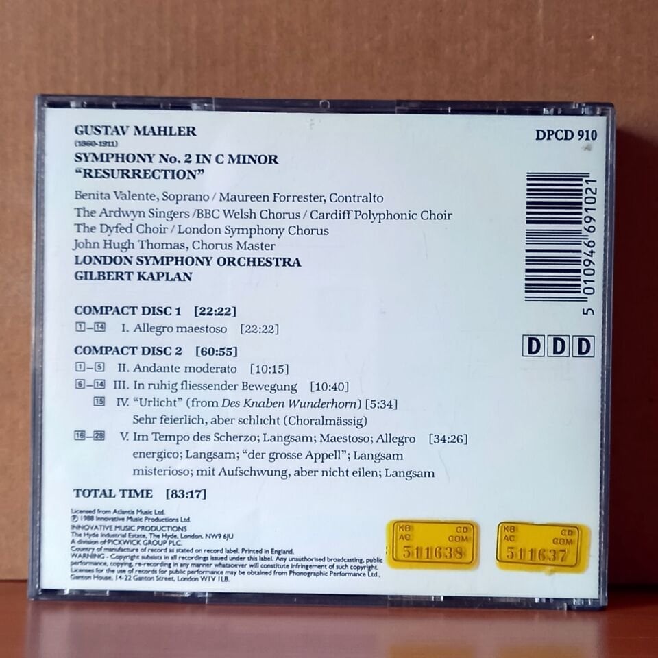 MAHLER: SYMPHONY NO. 2 ''RESURRECTION'' / BENITA VALENTE, MAUREEN FORRESTER, LONDON SYMPHONY ORCHESTRA, GILBERT KAPLAN (1988) - 2CD 2.EL