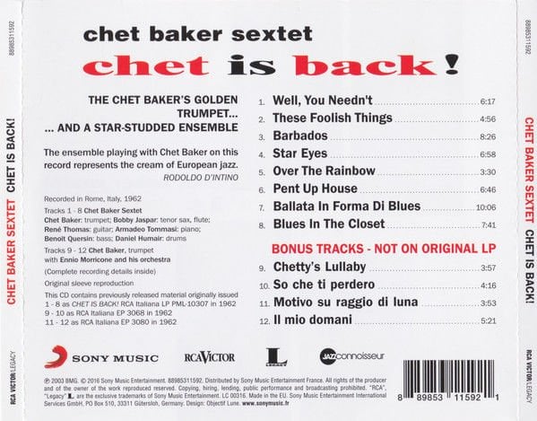 CHET BAKER SEXTET – CHET IS BACK! (1962) - CD REMASTERED 2016 REISSUE JEWEL CASE AMBALAJINDA SIFIR
