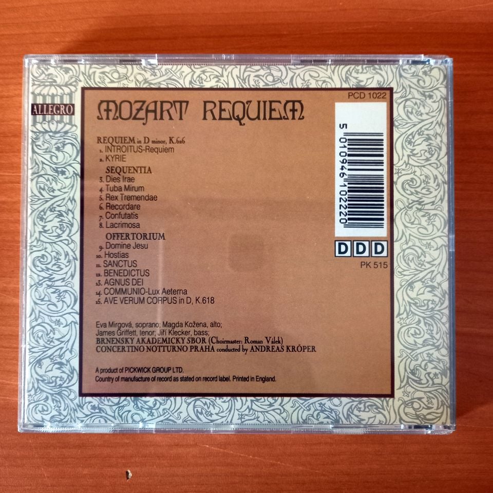 MOZART: REQUIEM, AVE VERUM CORPUS / EVA MIRGOVA, MAGDA KOZENA, JAMES GRIFFETT, JIRI KLECKER, BRNENSKY AKADEMICKY SBOR CONCERTINO NOTTURNO PRAHA, ANDREAS KRÖPER (1992) - CD 2.EL