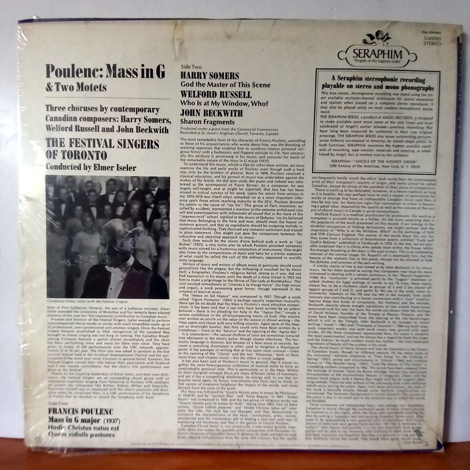 POULENC: MASS IN G & TWO MOTETS / THE FESTIVAL SINGERS OF TORONTO CONDUCTED BY ELMER ISELER (1968) - LP DÖNEM BASKI SIFIR PLAK