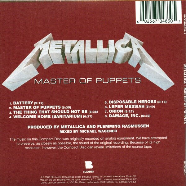 METALLICA - MASTER OF PUPPETS (1986) - REMASTERED 2017 REISSUE DIGISLEEVE AMBALAJINDA CD SIFIR