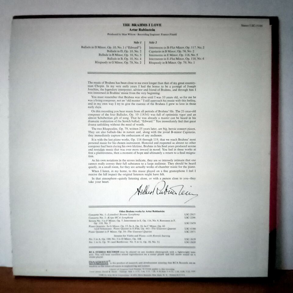 THE BRAHMS I LOVE / ARTHUR RUBINSTEIN (1971) - LP 2.EL PLAK