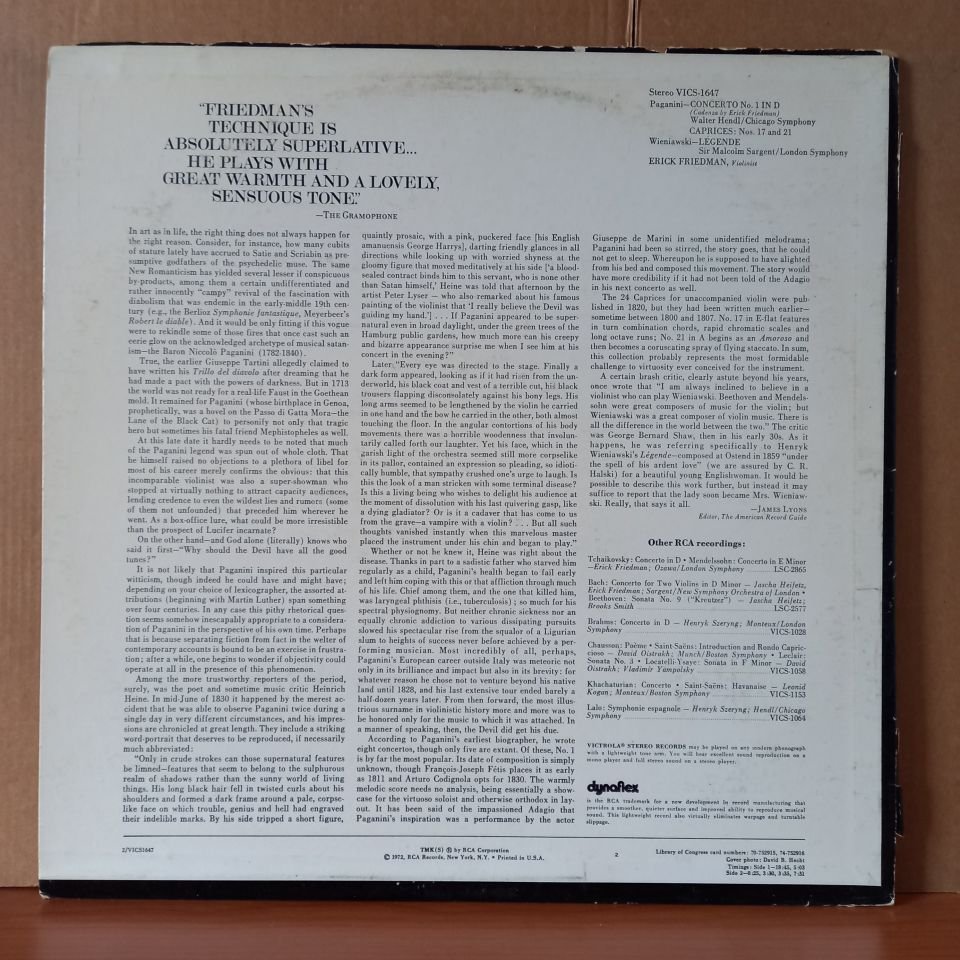 PAGANINI: CONCERTO NO. 1 IN D, CAPRICES NOS. 17 AND 21 / WIENIAWSKI, LEGENDE, ERICK FRIEDMAN (1972) - LP 2.EL PLAK