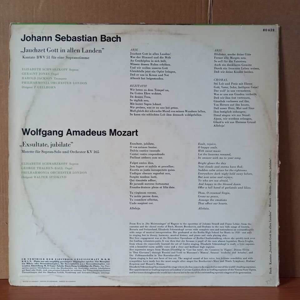 ELISABETH SCHWARZKOPF / BACH : KANTATE NR. 51 ''JAUCHZET GOTT IN ALLEN LANDEN'' / MOZART MOTETTE KV 165 ''EXSULTATE JUBILATE'' - LP 2.EL PLAK