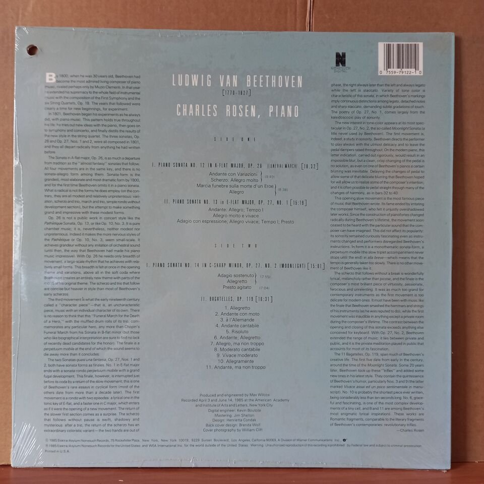CHARLES ROSEN - BEETHOVEN: PIANO SONATAS, OP. 26 ''FUNERAL MARCH'' / OPUS 27 NO. 1 / OP. 27, NO. 2 ''MOONLIGHT'' / BAGATELLES, OPUS 119 (1985) - LP DÖNEM BASKISI SIFIR PLAK