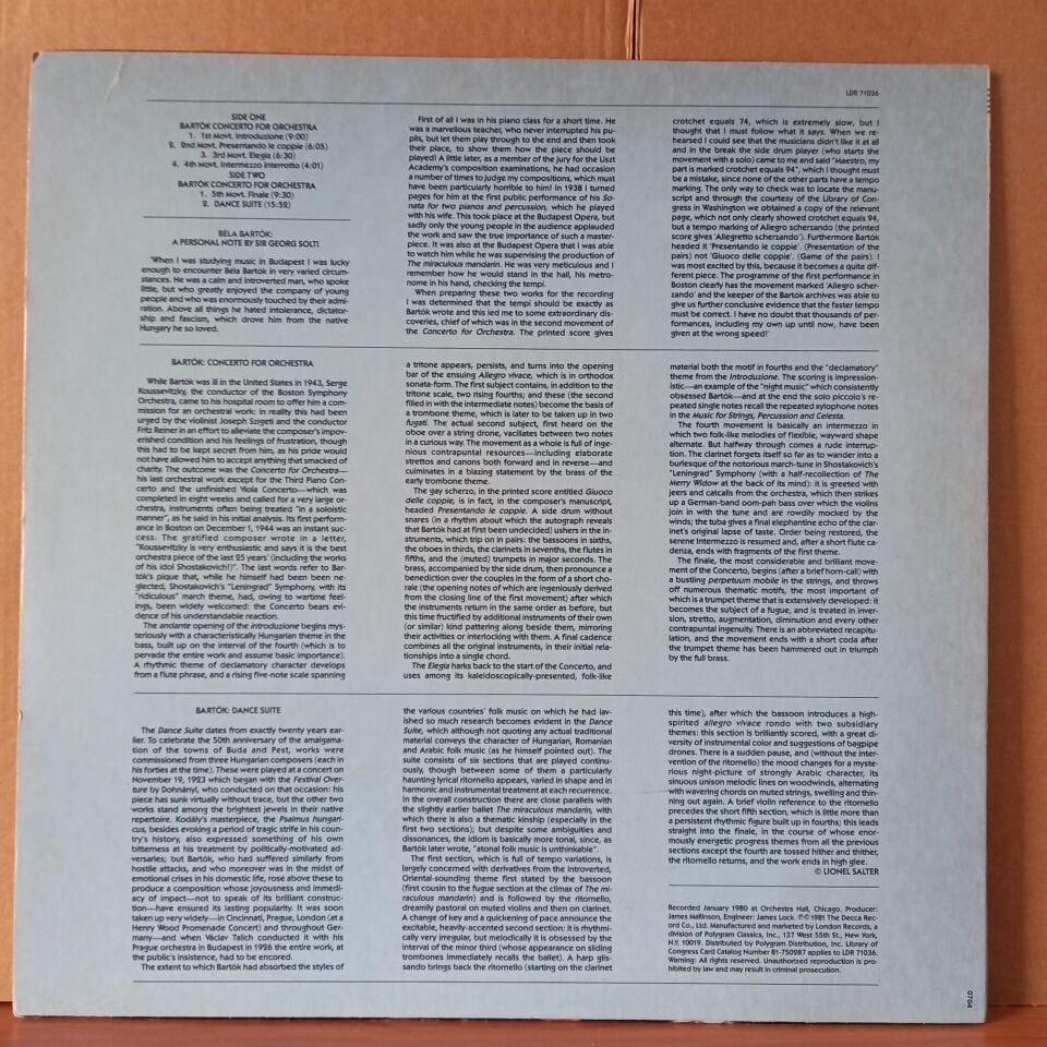 BARTOK: CONCERTO FOR ORCHESTRA / DANCE SUITE / SIR GEORG SOLTI, CHICAGO SYMPHONY ORCHESTRA (1981) - LP 2.EL PLAK