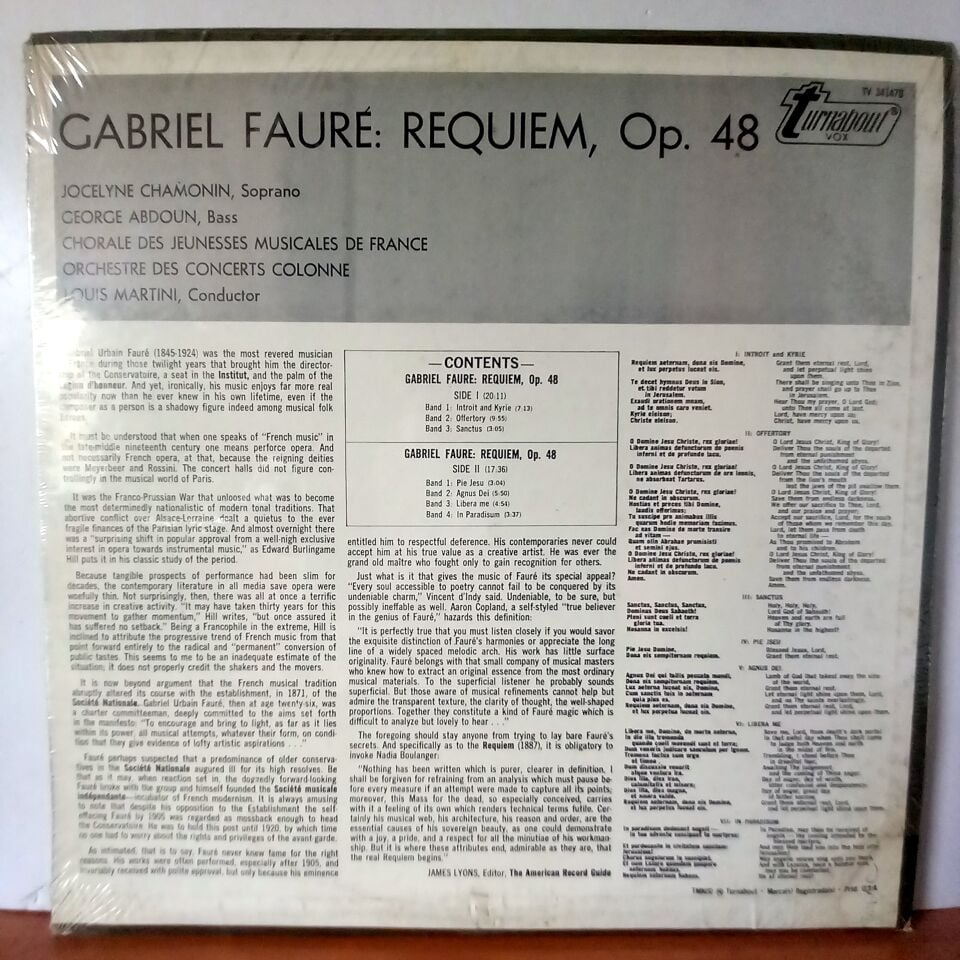 FAURE: REQUIEM OP. 90 / JOCELYNE CHAMONIN, GEORGE ABDOUN, CHORALE DES JEUNESSES MUSICALES DE FRANCE, ORCHESTRE DES CONCERTS COLONNE, LOUIS MARTINI (1973) - LP DÖNEM BASKI SIFIR PLAK