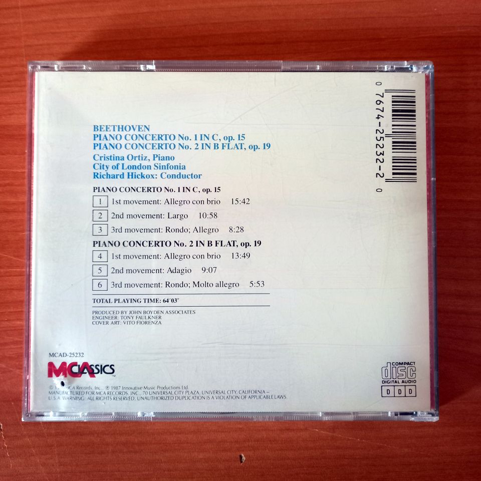 BEETHOVEN: PIANO CONCERTOS NOS.1 & 2 / CRISTINA ORTIZ, CITY OF LONDON SINFONIA, RICHARD HICKOX (1988) - CD 2.EL