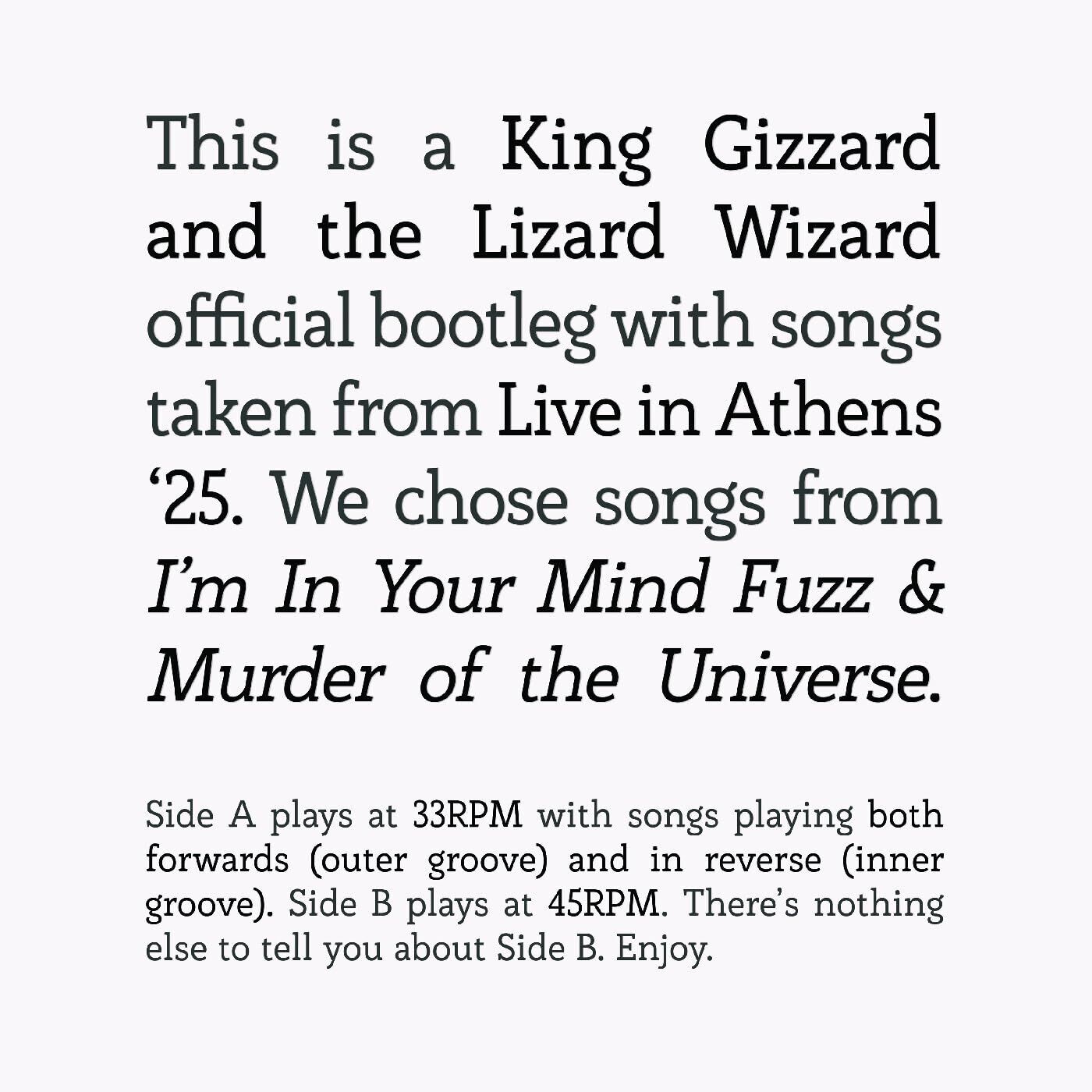 KING GIZZARD AND LIZARD WIZARD - Songs from I'm In Your Mind Fuzz & Murder of the Universe / Live in Athens '25 (2025) - LP A YÜZÜ 33 DEVİR B YÜZÜ 45 DEVİR SIFIR PLAK