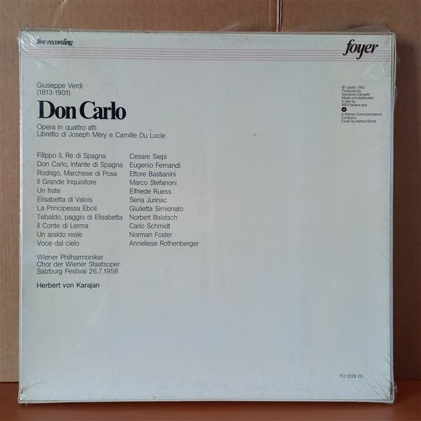 GIUSEPPE VERDI: DON CARLO / EUGENIO FERNANDI, SENA JURINAC, CESARE SIEPI, GUILETTA SIMIONATO / HERBERT VON KARAJAN, SALZBURG FESTIVAL 1958 (1982) - LP BOX SET DÖNEM BASKISI SIFIR PLAK