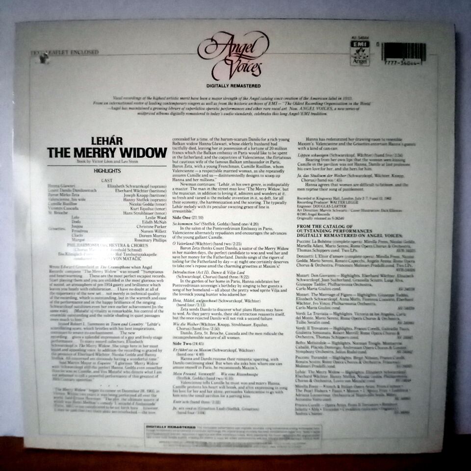 LEHAR: THE MERRY WIDOW (HIGHLIGHTS) / ELISABETH SCHWARZKOPF · EBERHARD WACHTER, HANNY STEFFEK · NICOLAI GEDDA, PHILHARMONIA CHORUS & ORCHESTRA, LOVRO VON MATACIC (1985) - LP 2.EL PLAK