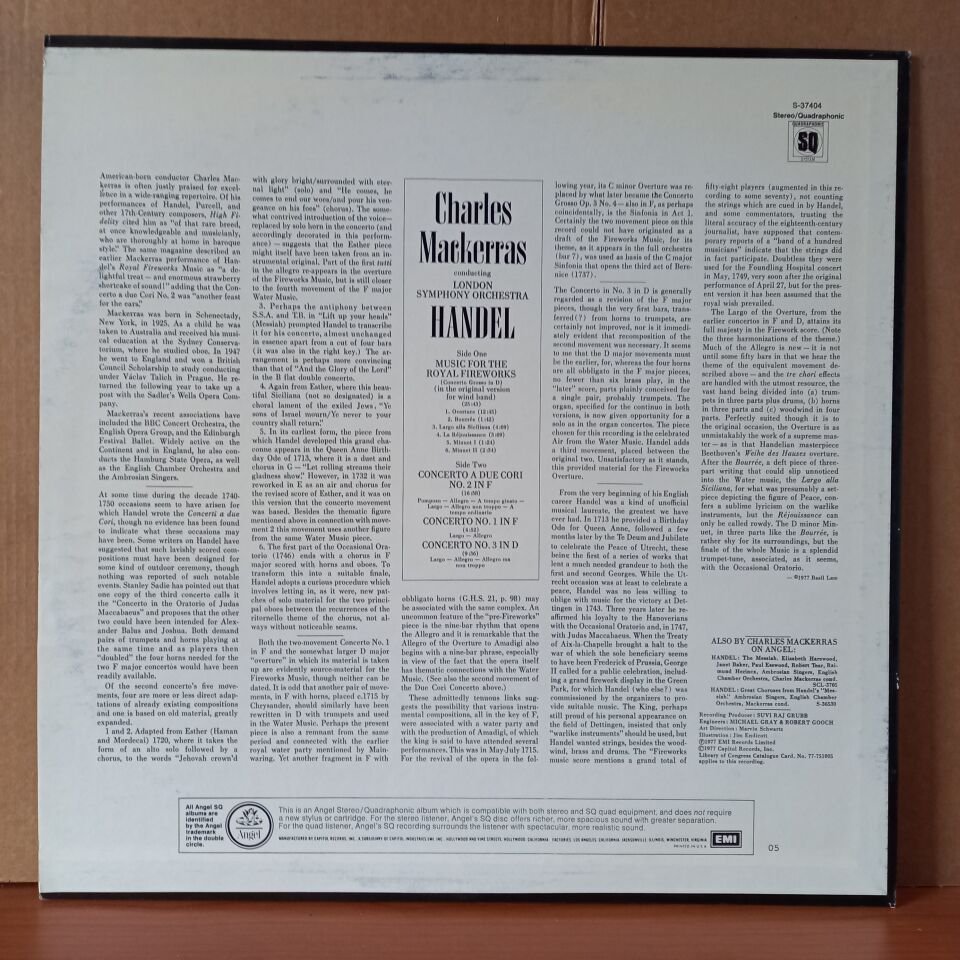 HANDEL: MUSIC FOR THE ROYAL FIREWORKS, CONCERTOS IN F & D, CONCERTO IN F ''A DUE CORI'' / LONDON SYMPHONY ORCHESTRA, SIR CHARLES MACKERRAS (1977) - LP 2.EL PLAK