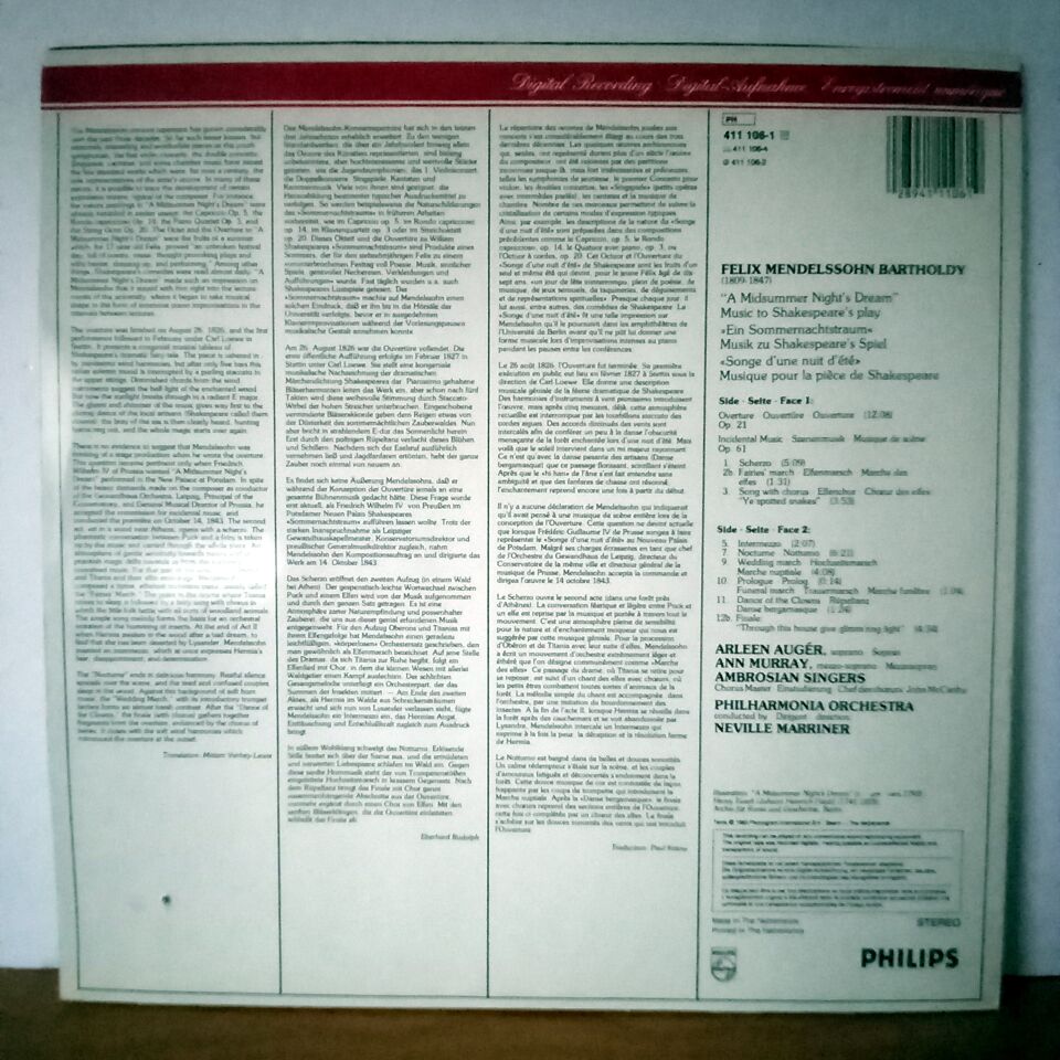 MENDELSSOHN: A MIDSUMMER NIGHT\'S DREAM / EIN SOMMERNACHTSTRAUM / ARLEEN AUGER · ANN MURRAY · THE AMBROSIAN SINGERS, PHILHARMONIA ORCHESTRA · NEVILLE MARRINER - LP 2.EL PLAK