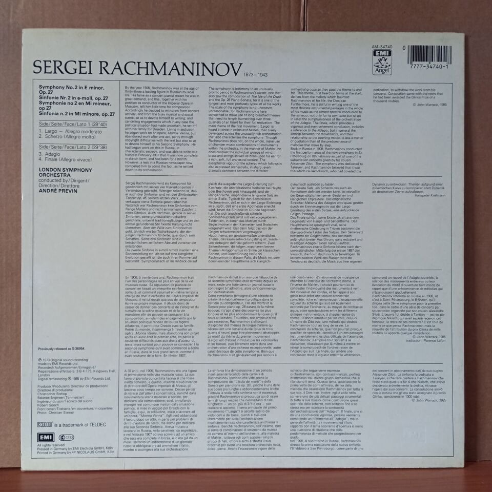 RACHMANINOV: SYMPHONY NO. 2 / ANDRE PREVIN, LONDON SYMPHONY ORCHESTRA (1985) - LP 2.EL PLAK