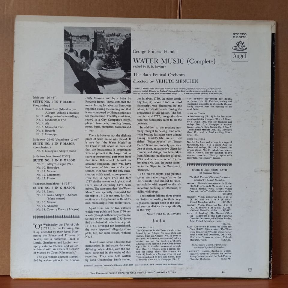 HANDEL: WATER MUSIC [COMPLETE] / BATH FESTIVAL ORCHESTRA CONDUCTED BY YEHUDI MENUHIN (1964) - LP 2.EL PLAK