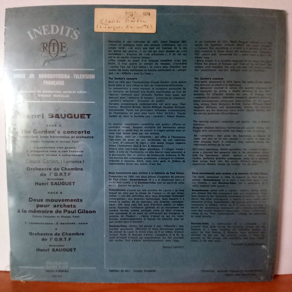 HENRI SAUGET: THE GARDEN\'S CONCERTO / CALUDE GARDEN, ORCHESTRE DE CHAMBRE DE I\'O.R.T.F. - LP DÖNEM BASKI SIFIR PLAK