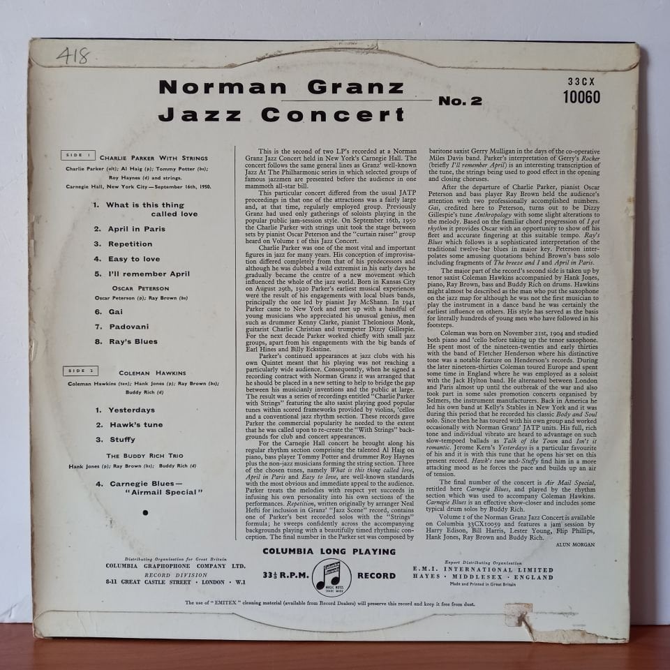 NORMAN GRANZ JAZZ CONCERT NO. 2 / CHARLIE PARKER WITH STRINGS, OSCAR PETERSON, COLEMAN HAWKINS, THE BUDDY RICH TRIO (1957) - LP 2.EL PLAK