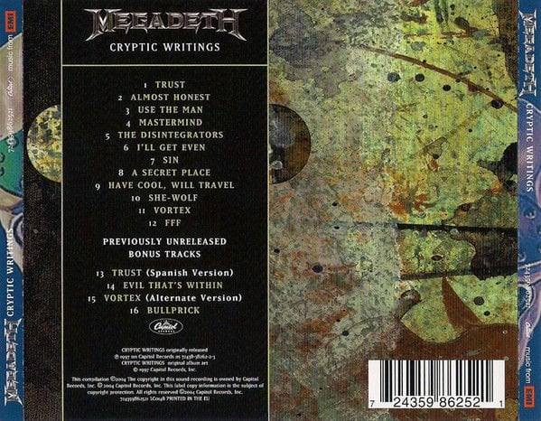 MEGADETH – CRYPTIC WRITINGS (1997) - CD REMASTERED 2004 REISSUE JEWEL CASE AMBALAJINDA SIFIR