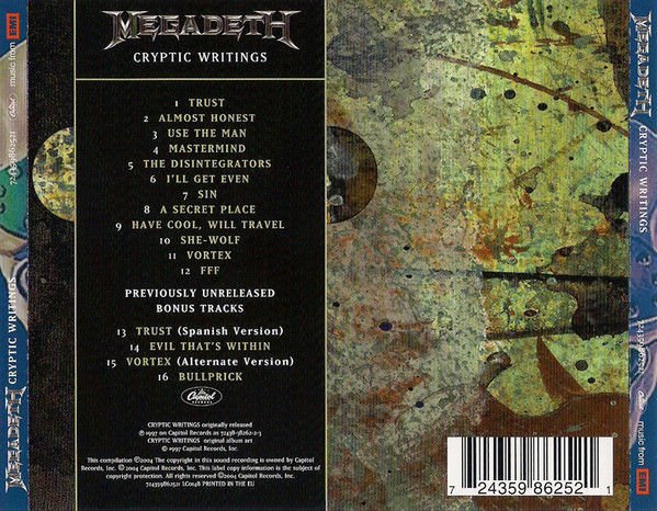 MEGADETH – CRYPTIC WRITINGS (1997) - CD REMASTERED 2004 REISSUE JEWEL CASE AMBALAJINDA SIFIR