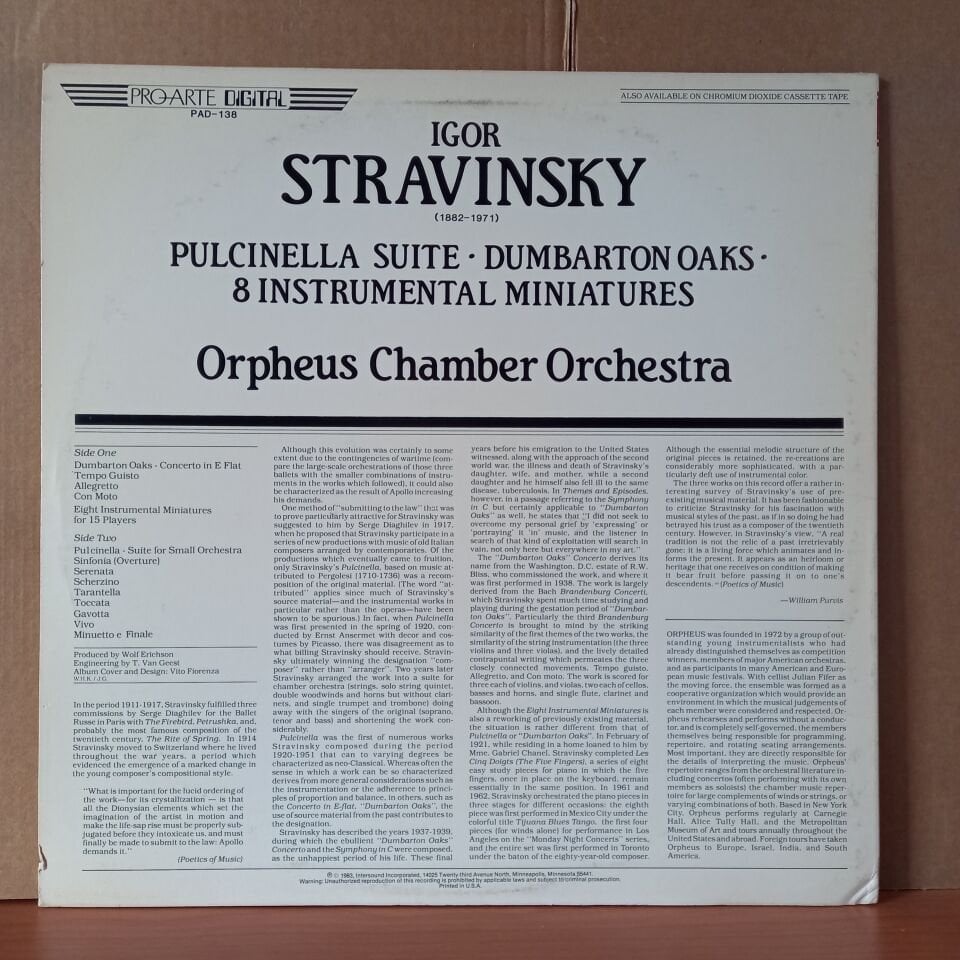 STRAVINSKY: PULCINELLA SUITE, DUMBARTON OAKS, 8 INSTRUMENTAL MINIATURES / ORPHEUS CHAMBER ORCHESTRA (1982) - LP 2.EL PLAK