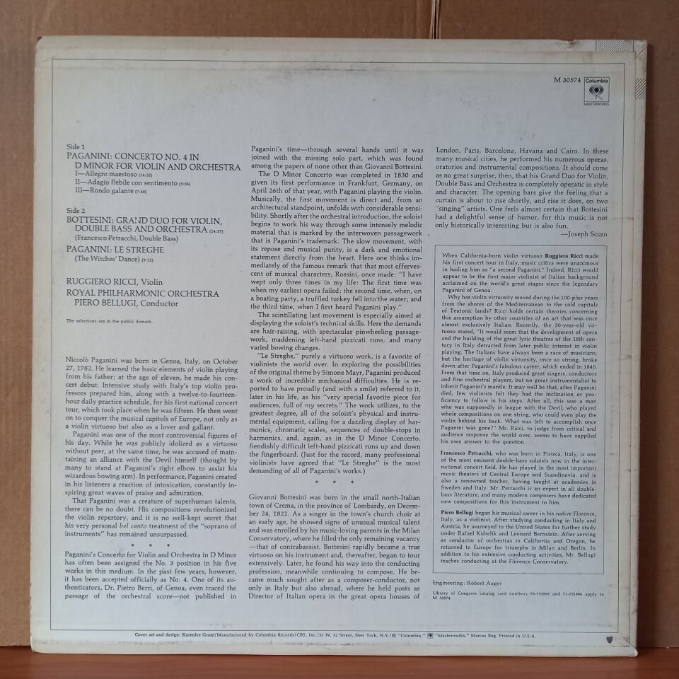 PAGANINI: VIOLIN CONCERTO NO. 4 / BOTTESINI: GRAND DUO FOR VIOLIN, DOUBLE BASS AND ORCHESTRA / RUGGIERO RICCI, PIERO BELLUGI, ROYAL PHILHARMONIC ORCHESTRA (1971) - LP 2.EL PLAK