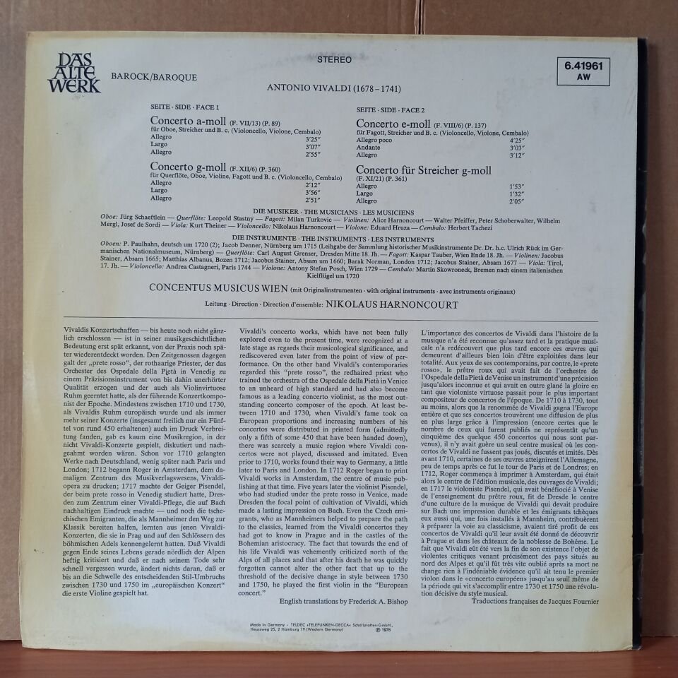 ANTONIO VIVALDI CONCERTI / CONCENTUS MUSICUS WIEN, NIKOLAUS HARNONCOURT (1976) - LP 2.EL PLAK