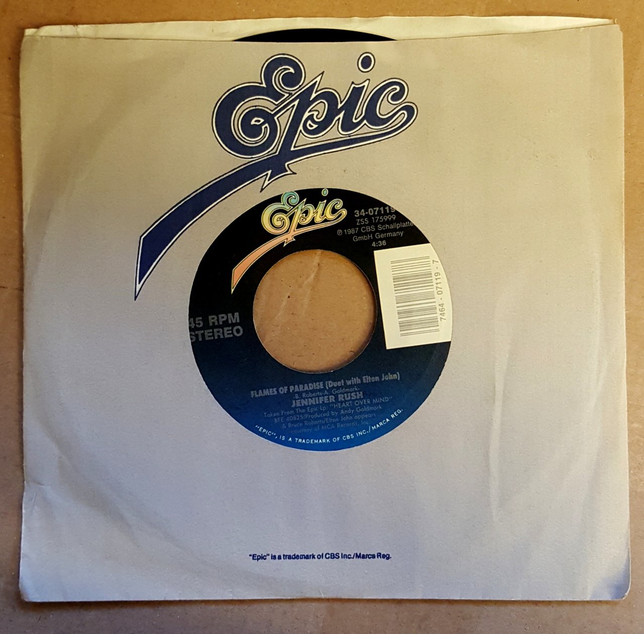 JENNIFER RUSH - FLAMES OF PARADISE (duet with ELTON JOHN) / CALL MY NAME (1987) - 7'' 45 DEVİR SINGLE PLAK