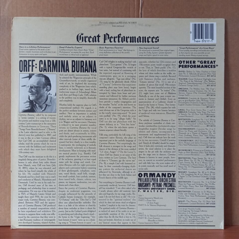 CARL ORFF: CARMINA BURANA / THE PHILADELPHIA ORCHESTRA, EUGENE ORMANDY, JANICE HARSANYI, RUDOLPH PETRAK, HARVE PRESNELL, THE RUTGERS UNIVERSITY CHOIR, F. AUSTIN WALTER (1981) - LP 2.EL PLAK