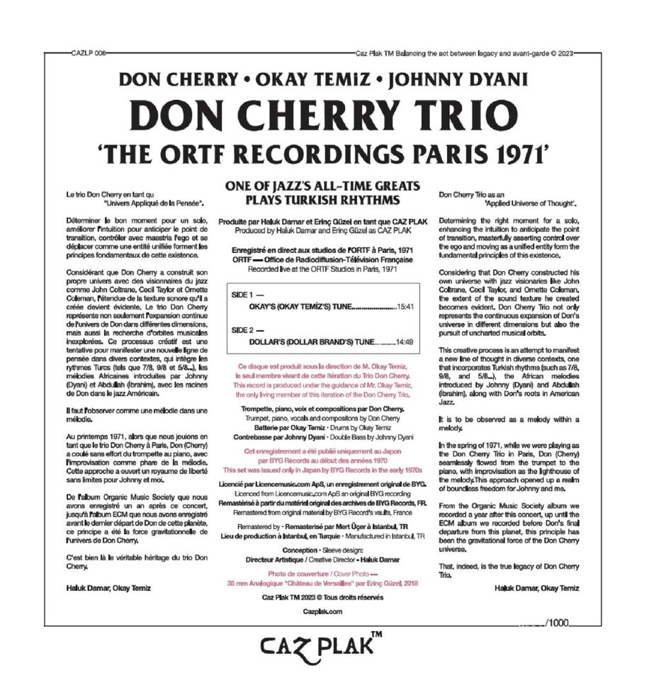 DON CHERRY OKAY TEMİZ JOHNNY DYANI - THE ORTF RECORDINGS PARIS 1971 - LP 2023 AVRUPA EDİSYONU KAPAK SINIRLI SAYIDA NUMARALI SIFIR PLAK