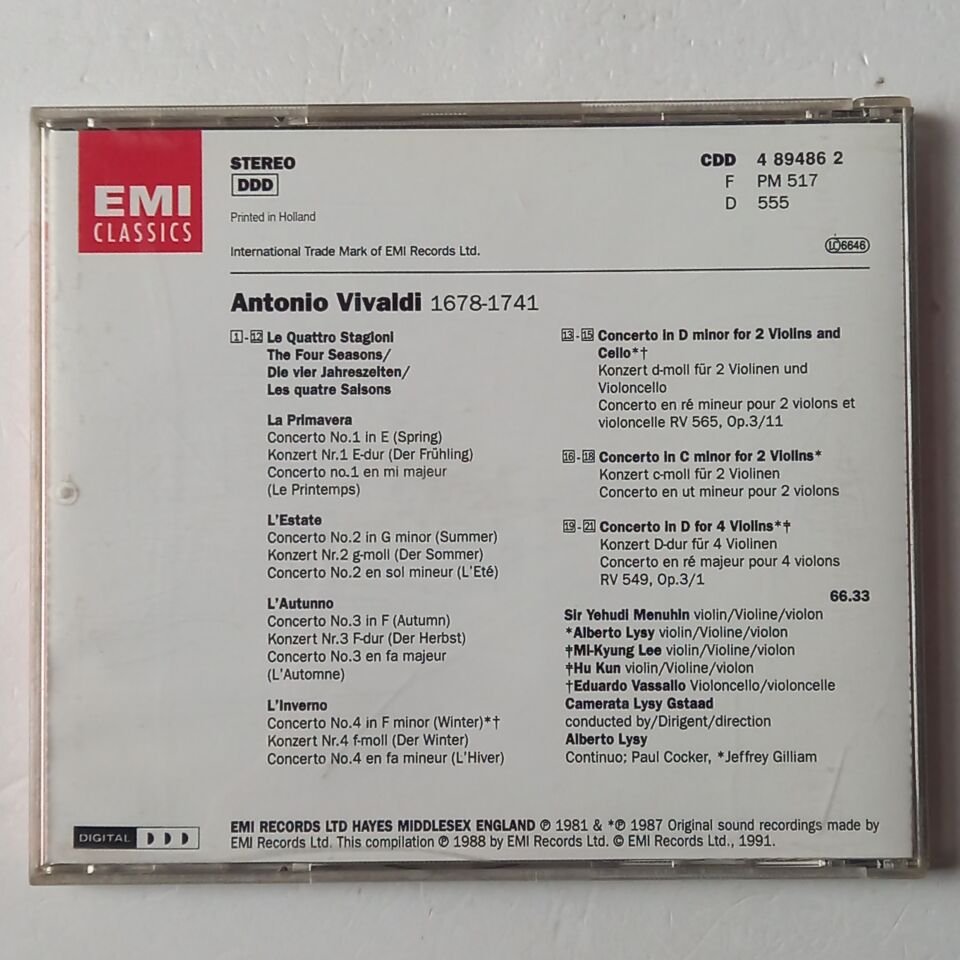 VIVALDI: THE FOUR SEASONS - YEHUDI MENUHIN, ALBERTO LYSY (1987) - CD 1991 REISSUE 2.EL