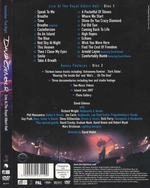 DAVID GILMOUR (PINK FLOYD) – REMEMBER THAT NIGHT: LIVE AT THE ROYAL ALBERT HALL (2007) - 2xDVD DIGIPAK 2.EL