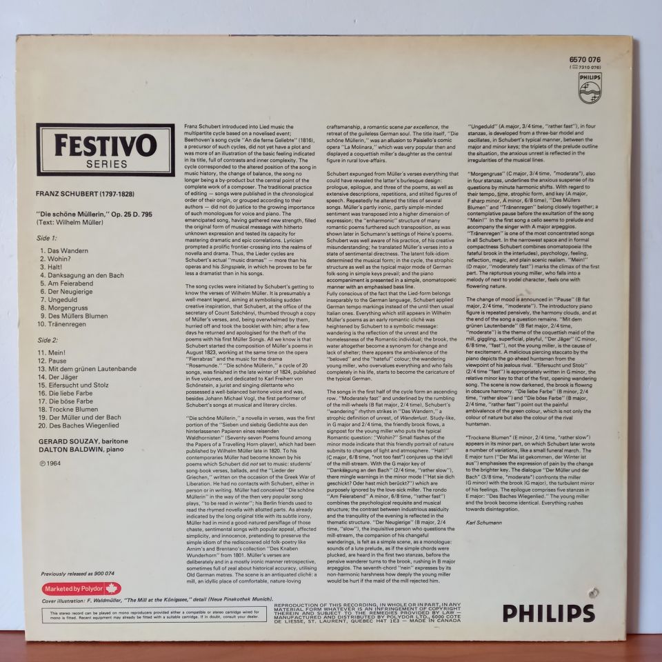 FRANZ SCHUBERT, GERARD SOUZAY, DALTON BALDWIN – SCHUBERT: DIE SCHONE MULLERIN, OP. 25 D. 795 (1964) - LP 2.EL PLAK