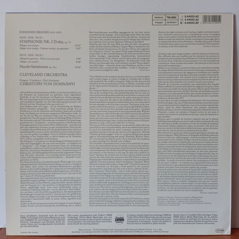 BRAHMS: CLEVELAND ORCHESTRA / CHRISTOPH VON DOHNANYI – SYMPHONIE NR. 2 / HAYDN-VARIATIONEN (1988) - LP 2.EL PLAK