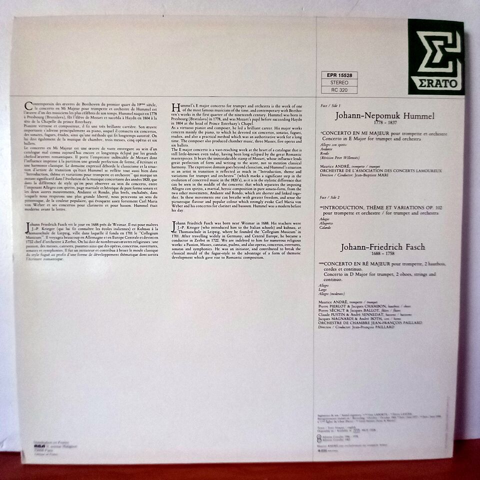 MAURICE ANDRE - HUMMEL / FASCH – CONCERTOS POUR TROMPETTE ET ORCHESTRE / INTRODUCTION, THEME ET VARIATIONS (1983) - LP 2.EL PLAK