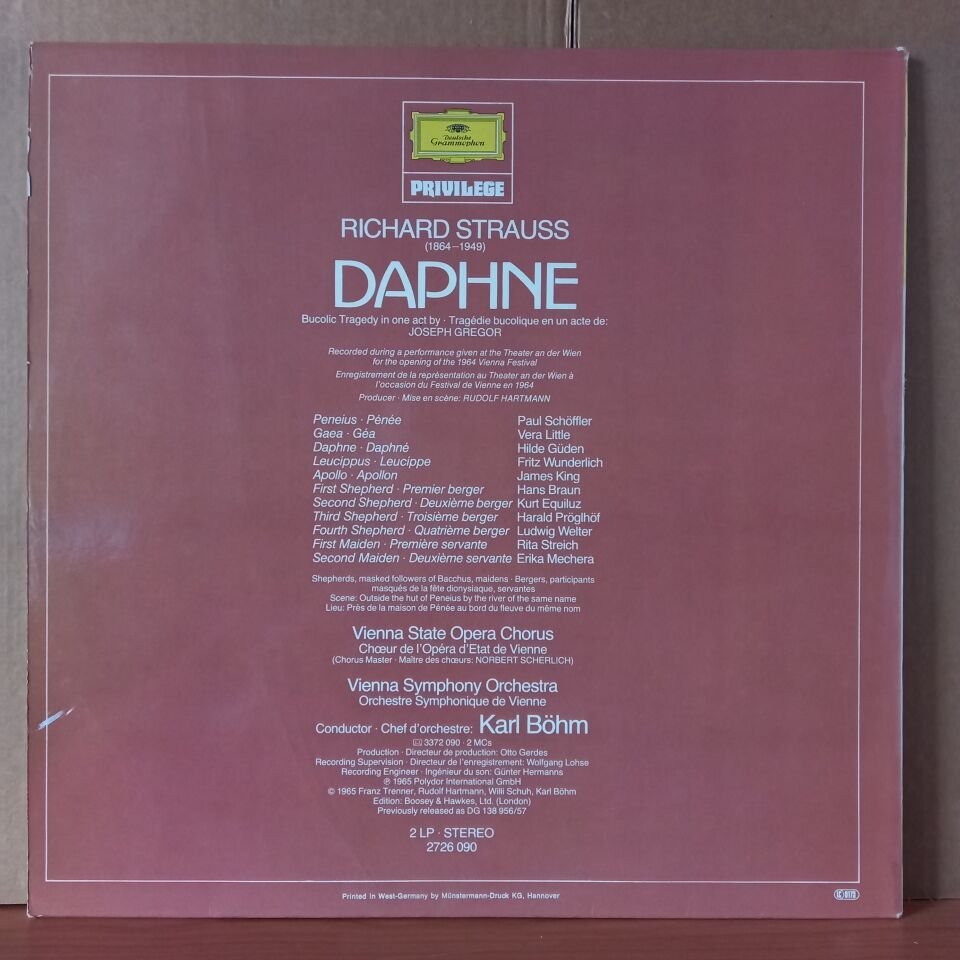 RICHARD STRAUSS: DAPHNE / HILDE GÜDEN, JAMES KING, FRITZ WUNDERLICH, VIENNA SYMPHONY ORCHESTRA, KARL BÖHM - 2LP 2.EL PLAK