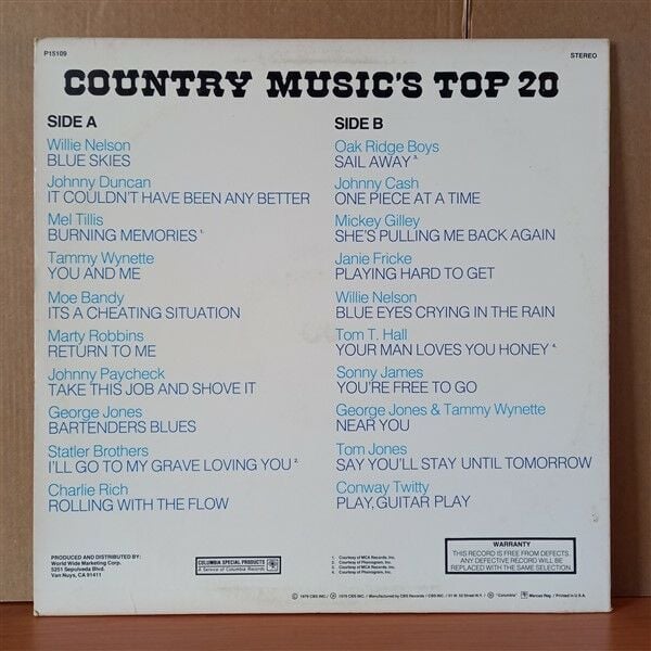 COUNTRY MUSIC'S TOP 20 / WILLIE NELSON, JOHNNY DUNCAN, MEL TILLIS, MOE BANDY, GEORGE JONES, JOHNNY CASH, TOM JONES CONDUCTS LEROY ANDERSON (1979) - LP 2.EL PLAK