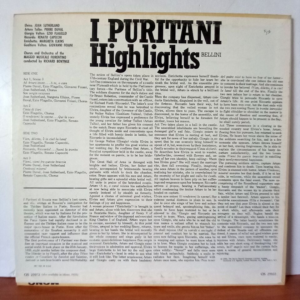 JOAN SUTHERLAND IN PURITANI / VINCENZO BELLINI, PIERRE DUVAL, RENATO CAPECCHI, EZIO FLAGELLO, MARGRETA ELKINS, RICHARD BONYNGE – HIGHLIGHTS (1965) - LP 2.EL PLAK