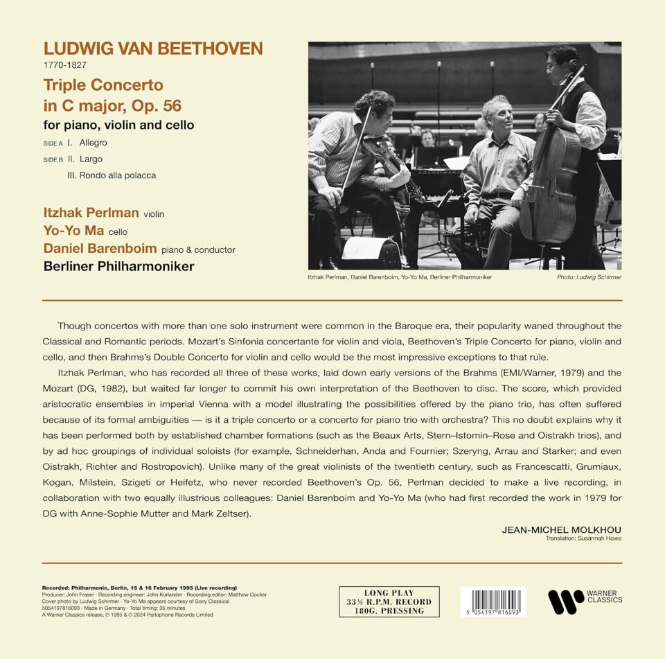BEETHOVEN - TRIPLE CONCERTO / ITZHAK PERLMAN , YO-YO MA , DANIEL BARENBOIM , CHICAGO SYMPHONY ORCHESTRA (2024) - LP WARNER CLASSICS SIFIR PLAK