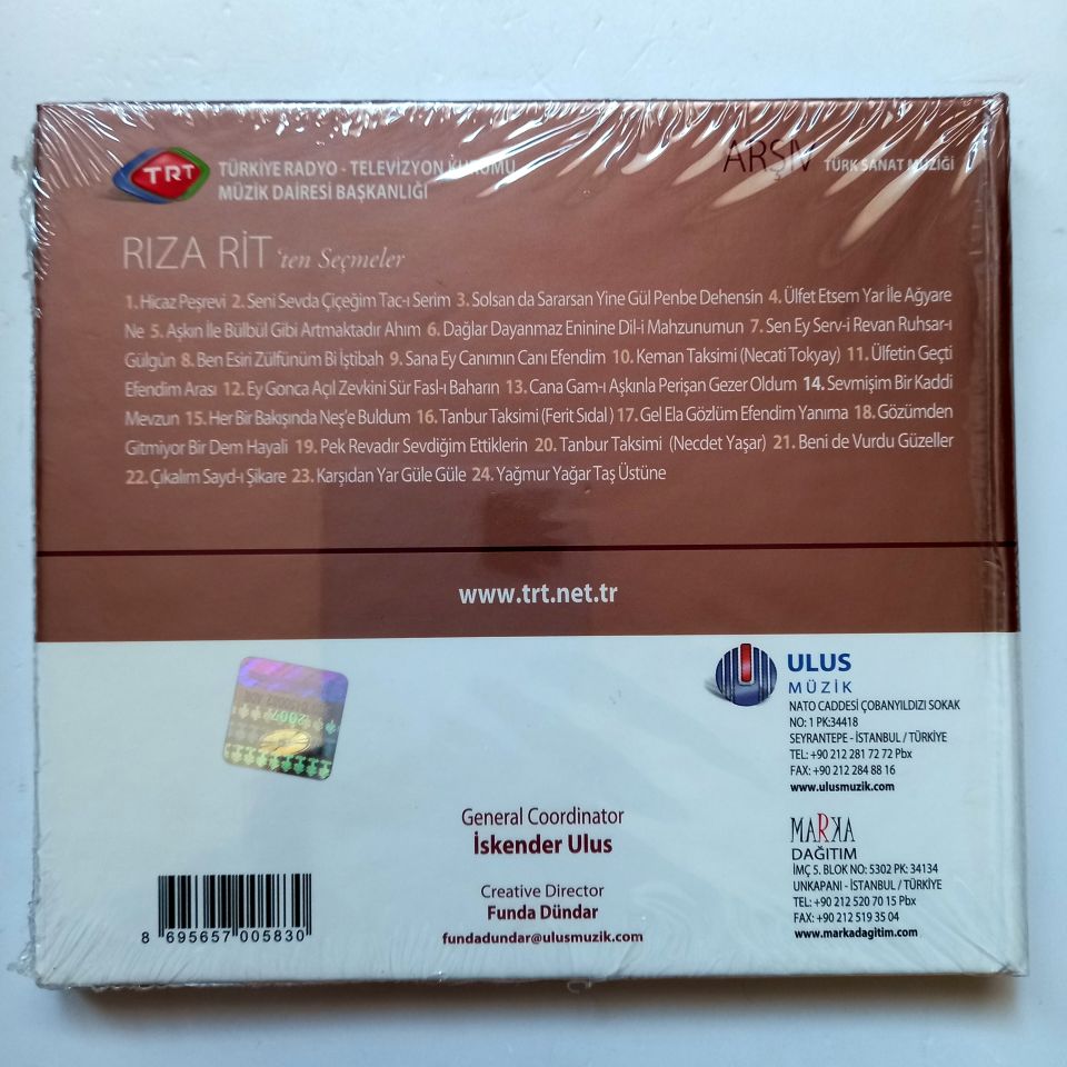 RIZA RİT'TEN SEÇMELER / TÜRK SANAT MÜZİĞİ / TRT ARŞİV SERİSİ 60 - CD SIFIR