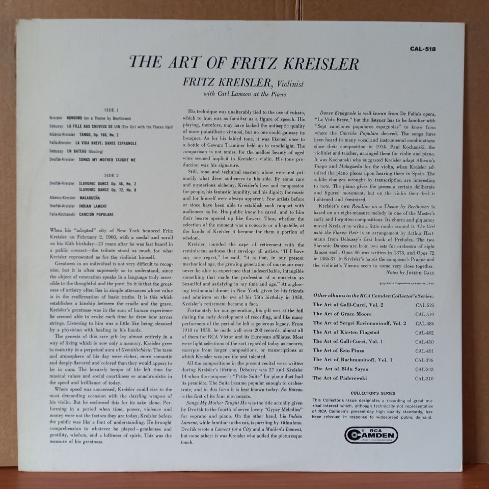 FRITZ KREISLER – THE ART OF FRITZ KREISLER / KREISLER, DEBUSSY, ALBENIZ-KREISLER, FALLA-KREISLER, DVORAK-KREISLER (1959) - LP 2.EL PLAK