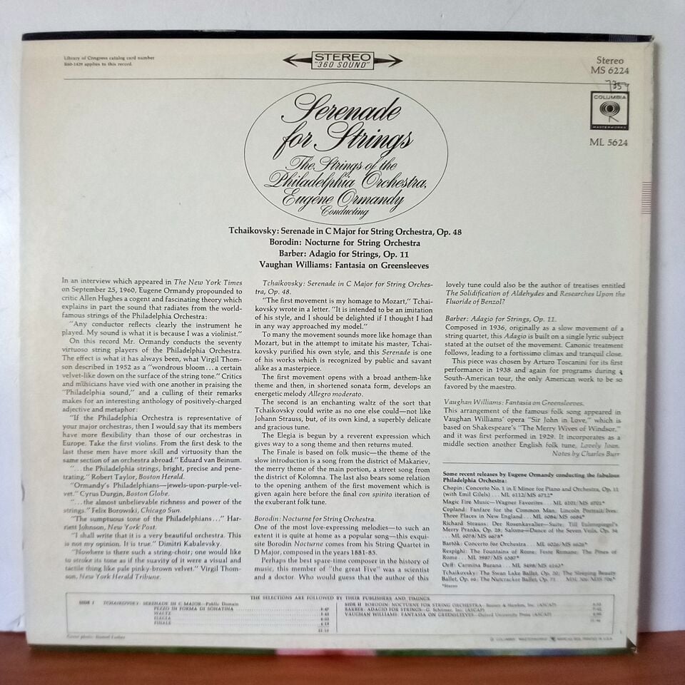 SERENADE FOR STRINGS / THE STRINGS OF THE PHILADELPHIA ORCHESTRA, EUGENE ORMANDY (1960) - LP 2.EL PLAK